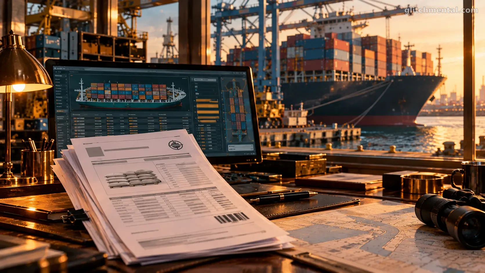 El chatbot se equivocó: reporte de carga impreso con tablas frente a un barco portacontenedores