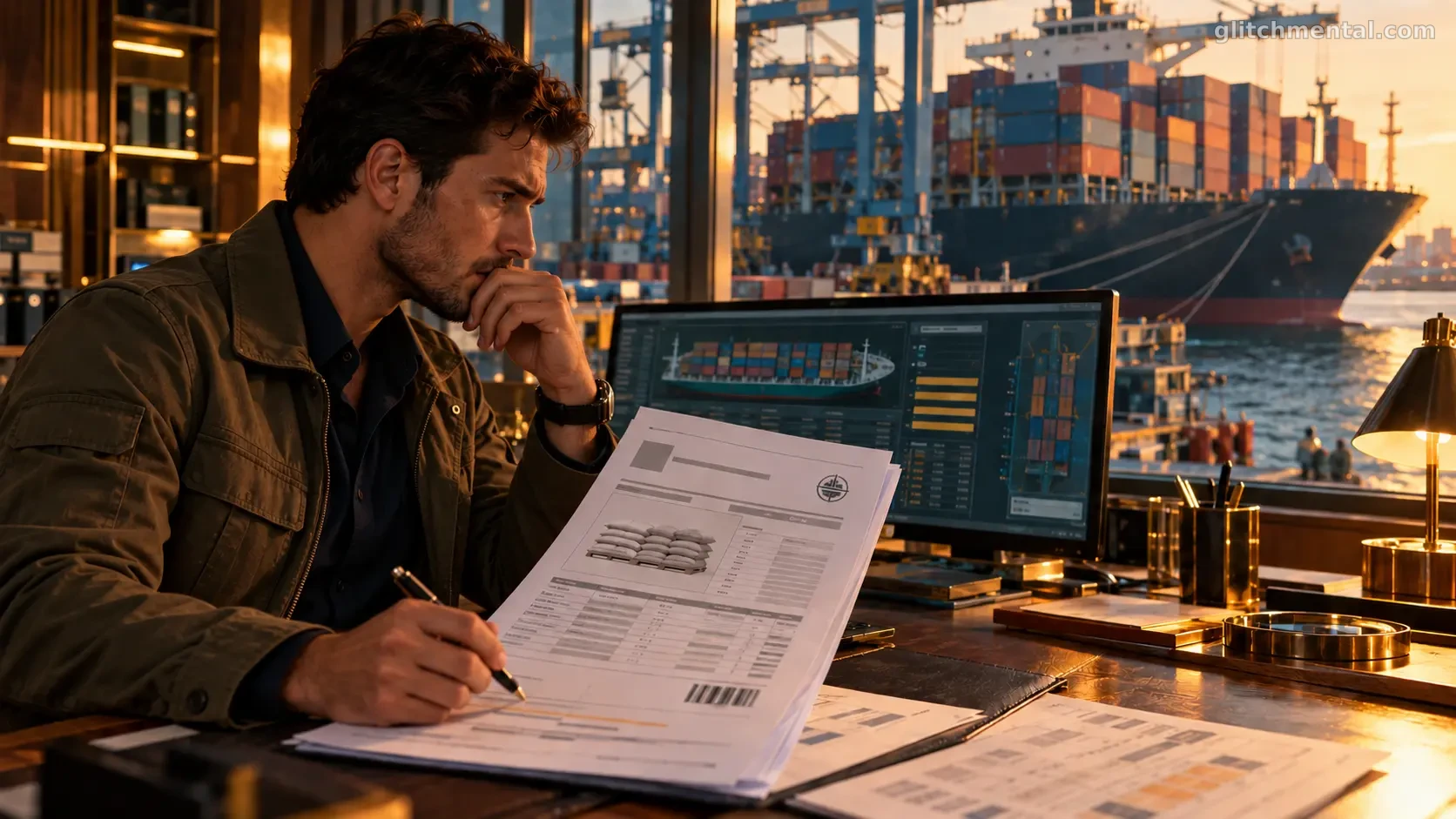 El chatbot se equivocó: analista revisa reporte de carga impreso con tablas frente a un barco portacontenedores
