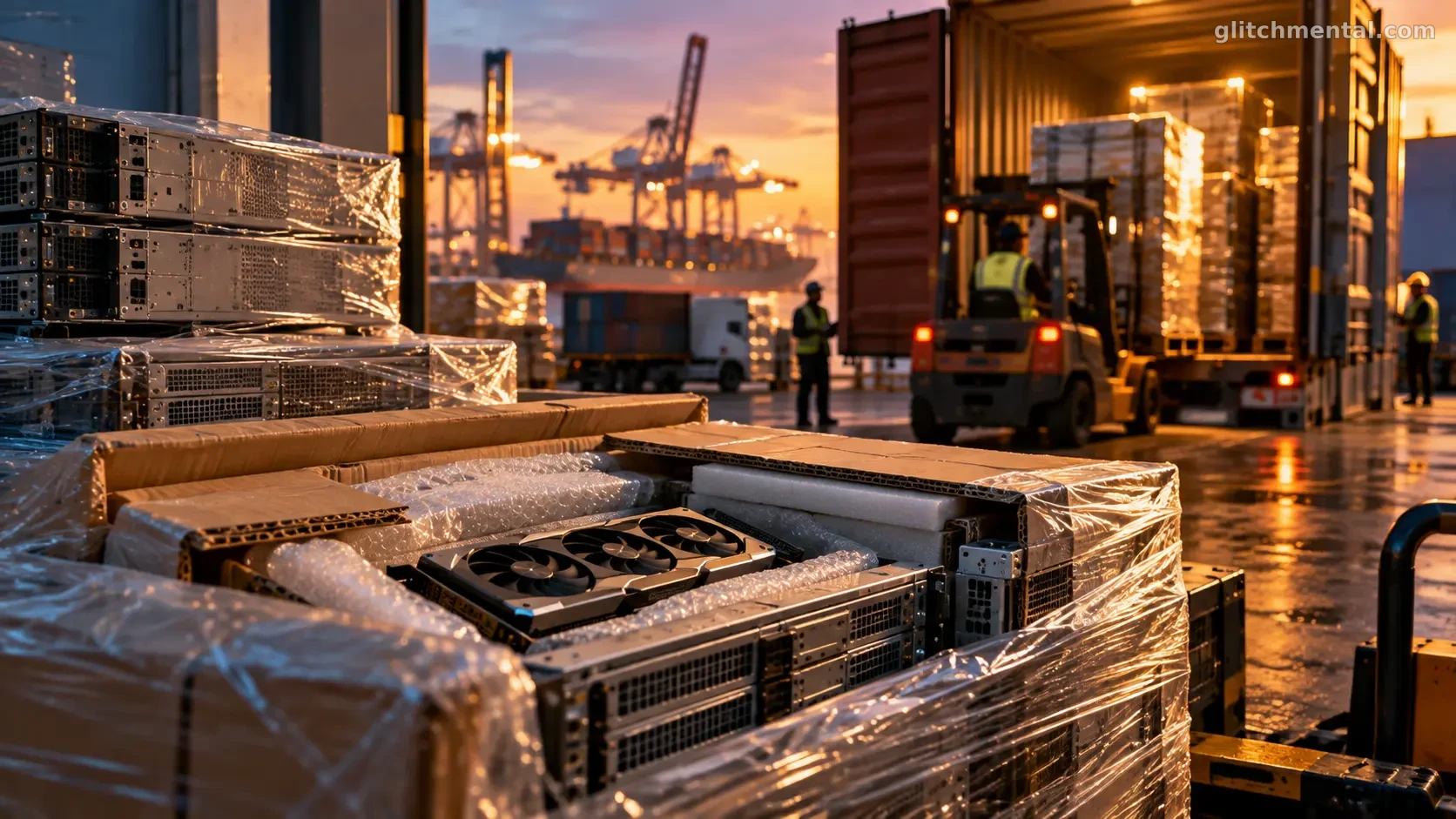 AI CHIP SMUGGLING: servidores y tarjetas GPU embalados para su transporte en un puerto de carga