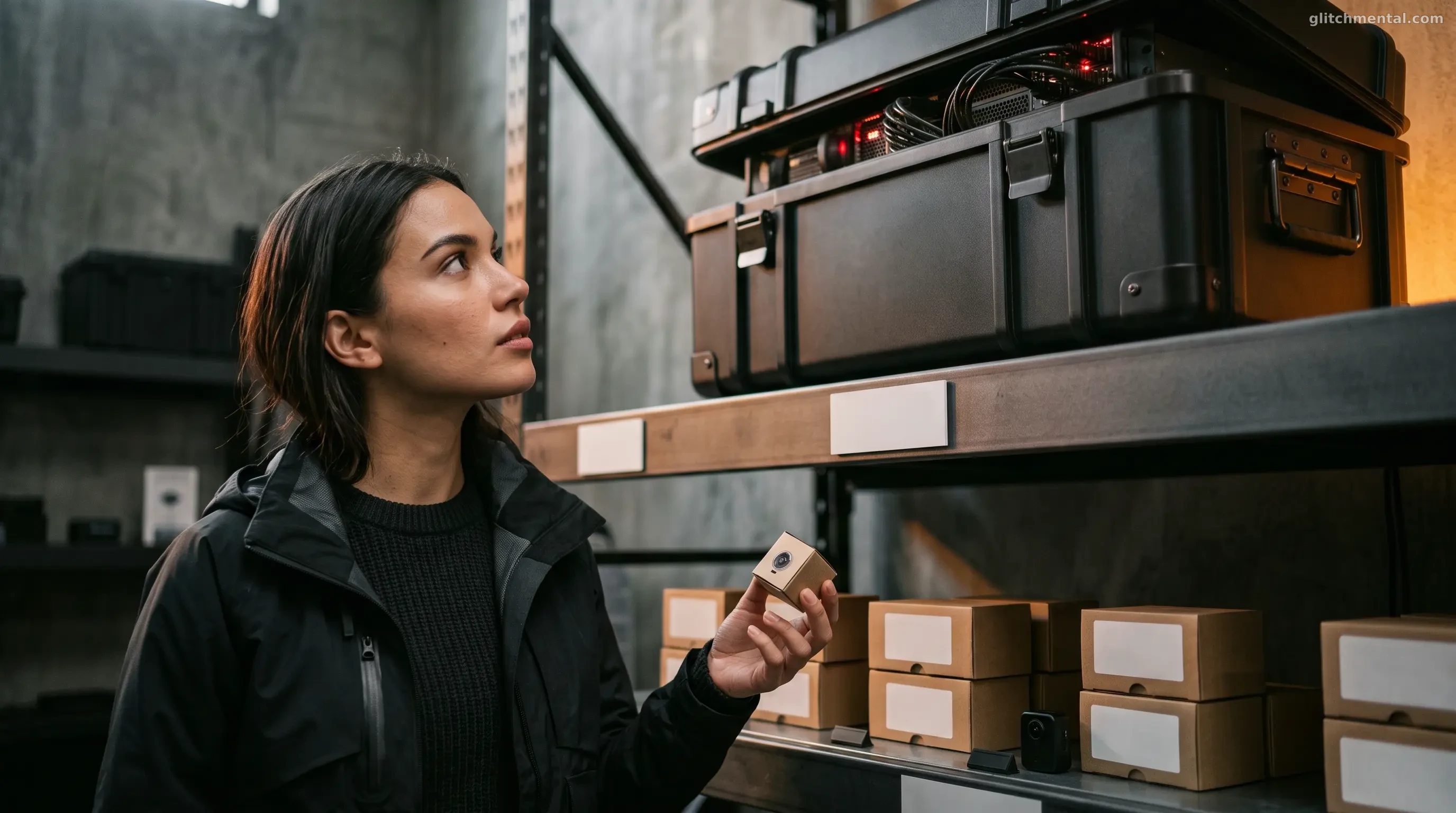 Mujer evaluando un pequeño dispositivo de espionaje junto a una caja de herramientas táctica y servidores de datos en un entorno minimalista.