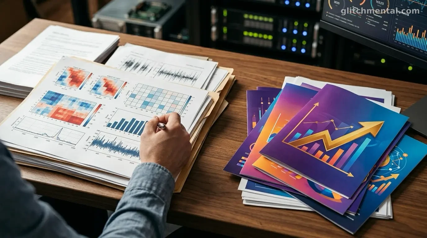 La mano de un analista comparando informes técnicos de IA con coloridos folletos de marketing con gráficos ascendentes en un escritorio