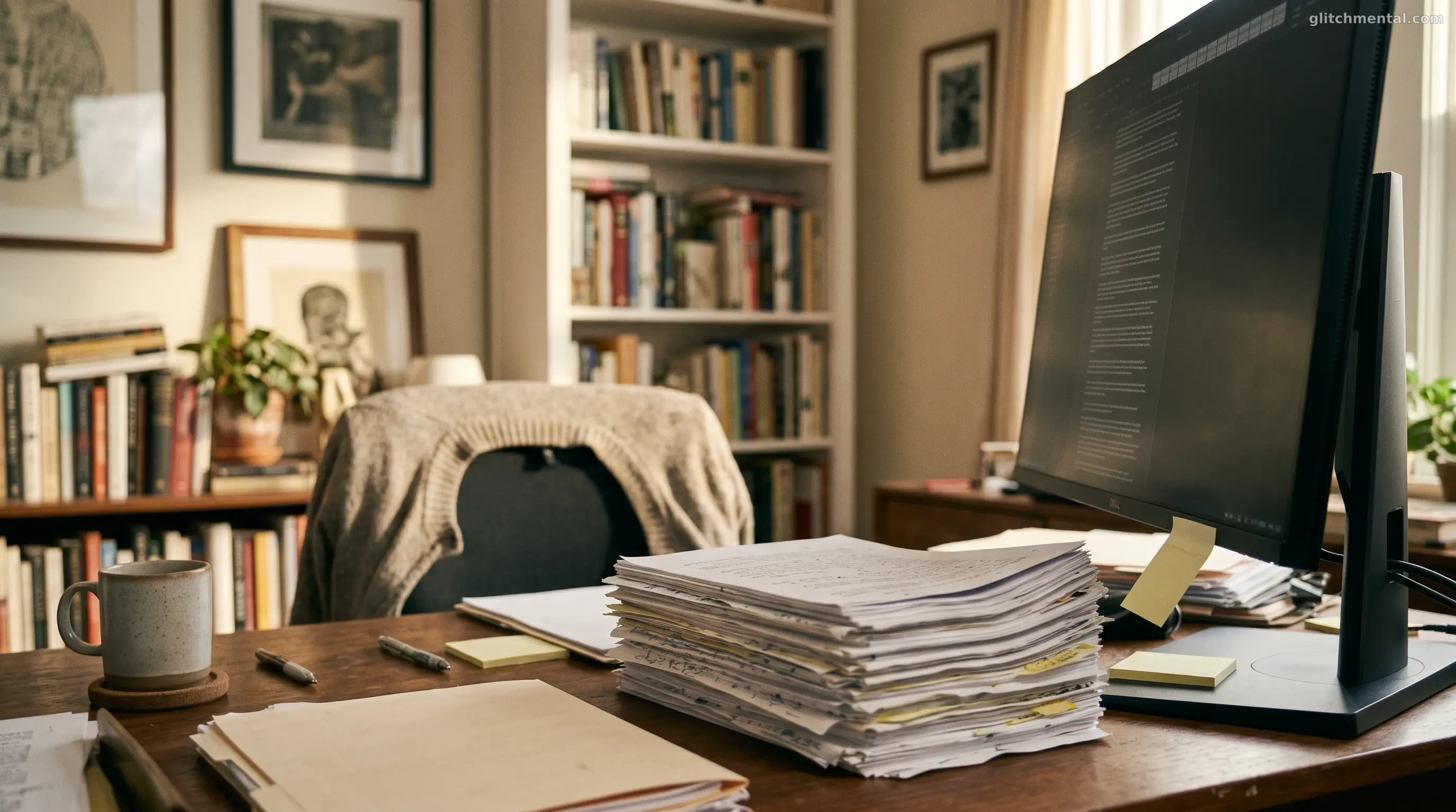 Pila de manuscritos físicos sobre un escritorio de madera junto a un monitor en un estudio doméstico.