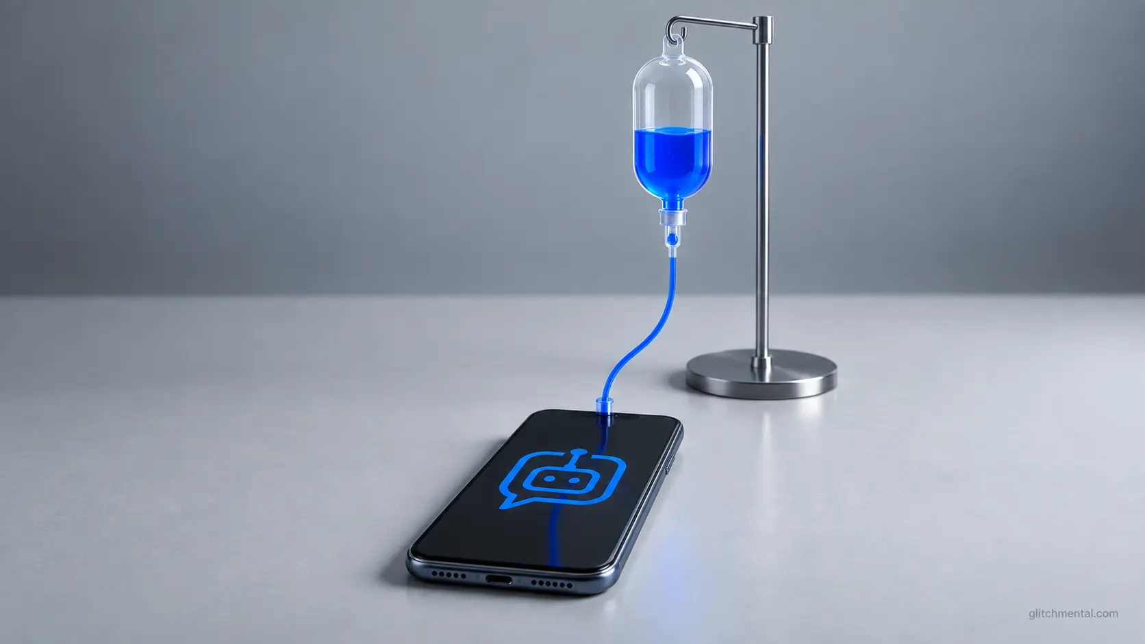 Detox de IA: suero conectado a un smartphone con icono de inteligencia artificial