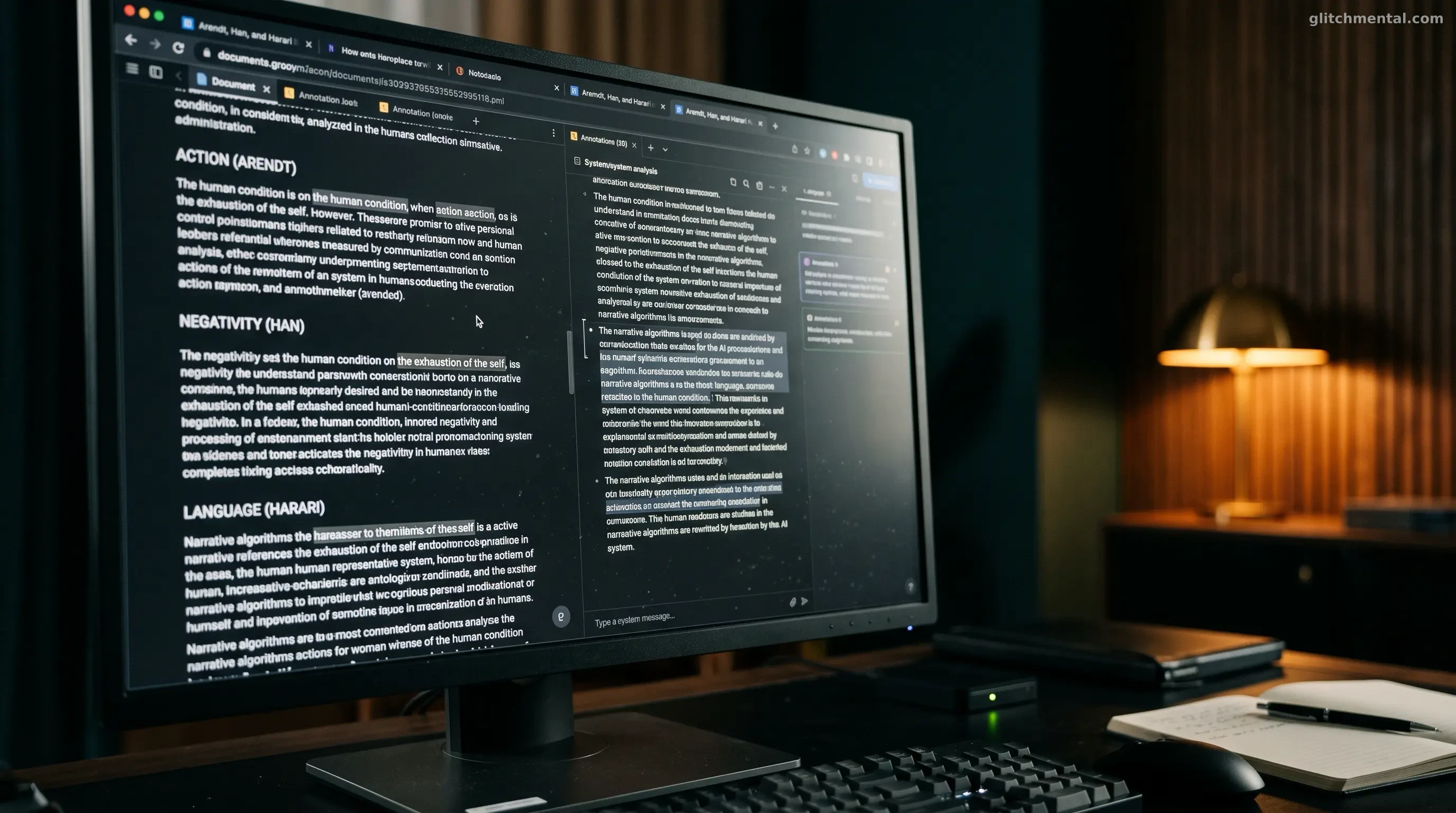 Sombra e IA: primer plano de un monitor con textos sobre Arendt, Han y Harari en un escritorio corporativo en penumbra