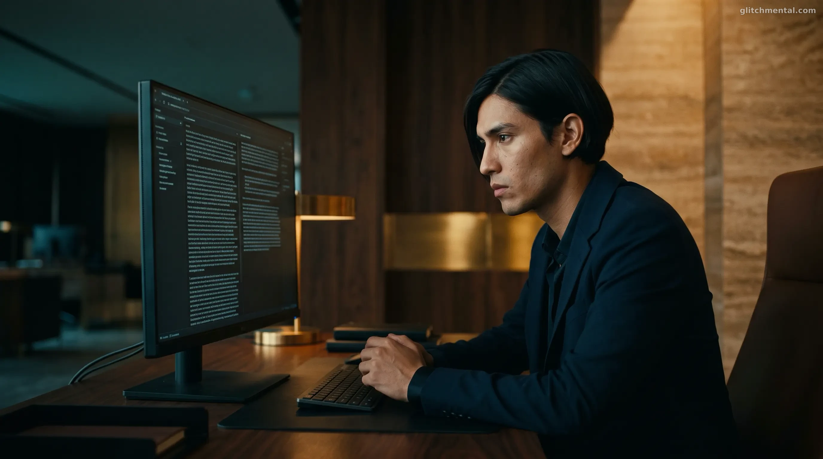 Reflexión filosófica: joven de perfil analiza pensativo un texto sobre IA en un gran monitor dentro de una oficina corporativa