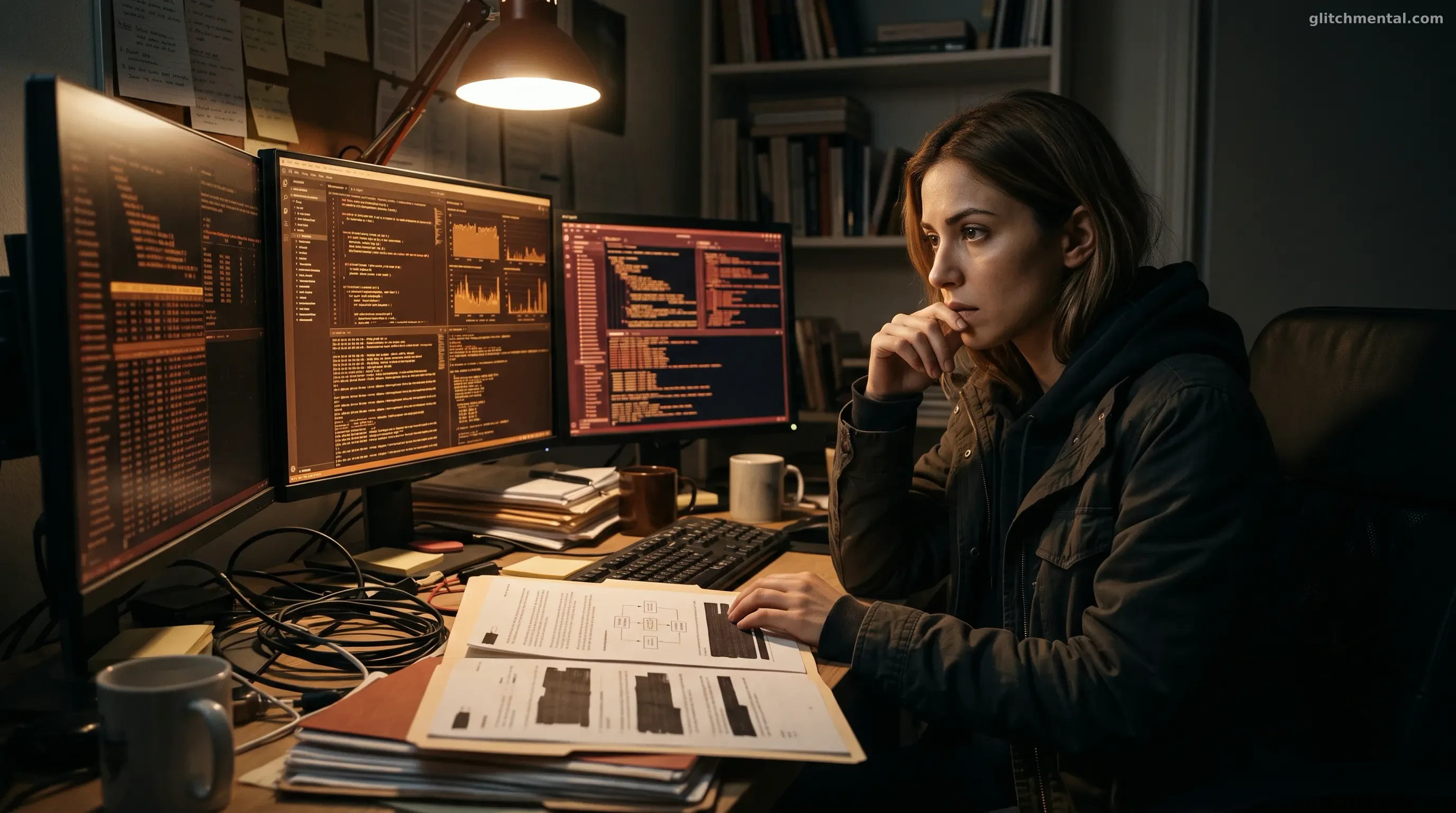 El doom loop: ingeniera de sistemas analiza datos de falla y documentos en un caótico escritorio de noche.