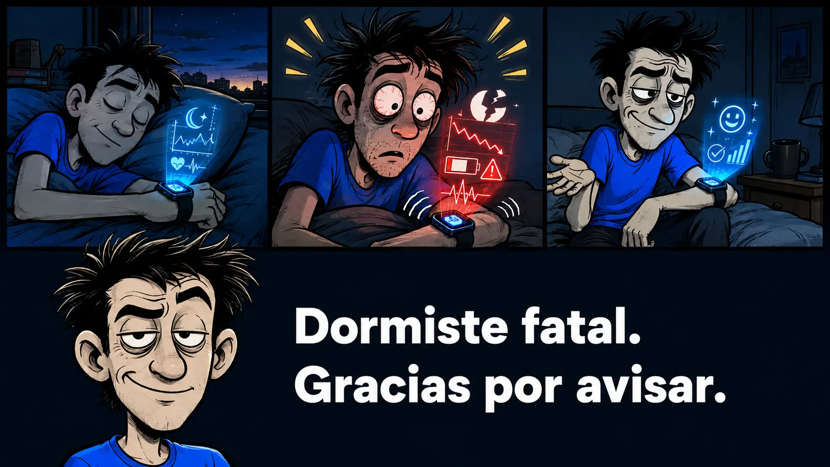 El chip de tu smartwatch sabe que dormiste mal. Te lo recuerda con una notificación a las 7am. Generoso.