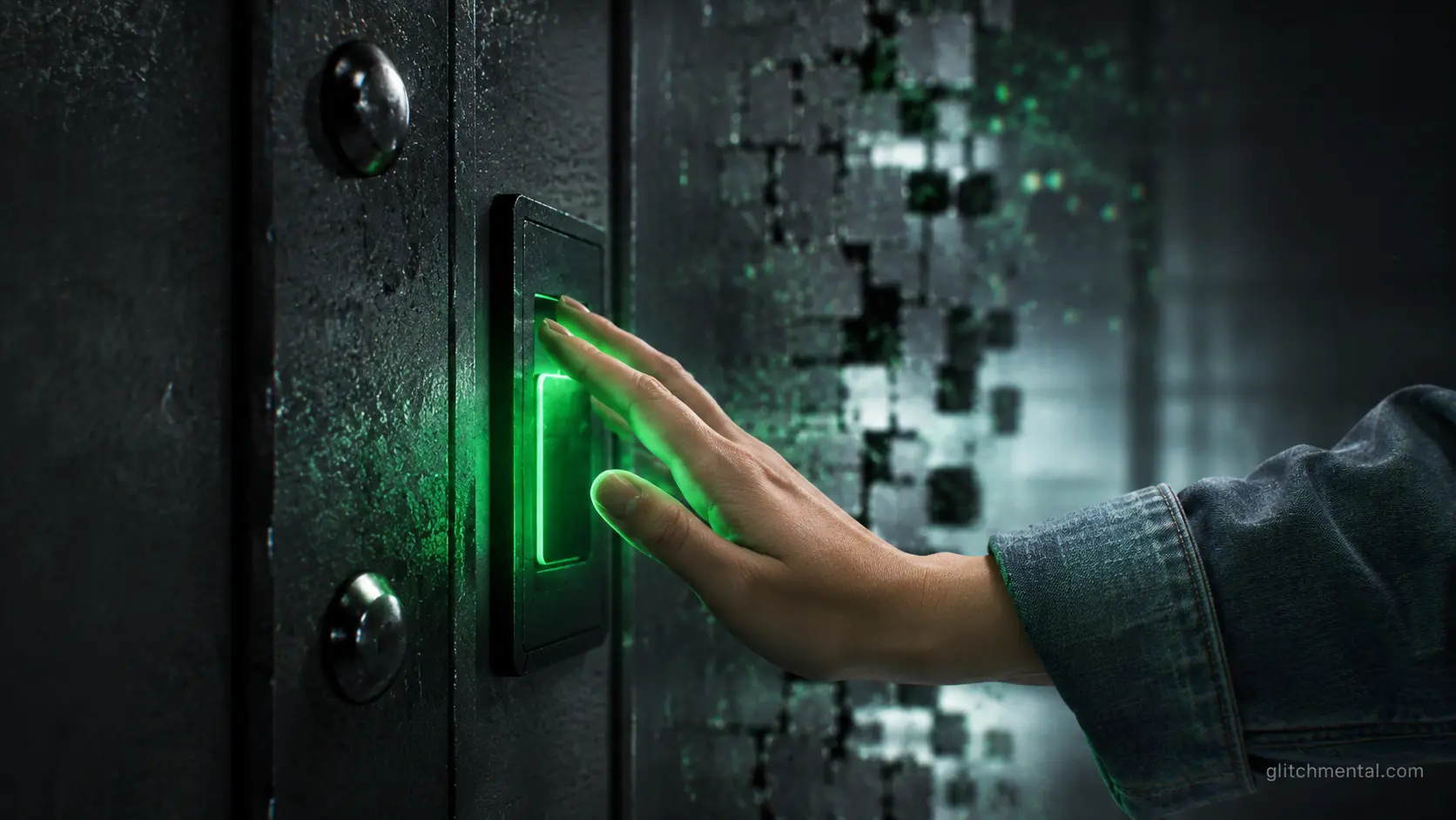 El empleado que nunca existió: primer plano de mano sobre sensor de control, grieta desenfocada al fondo