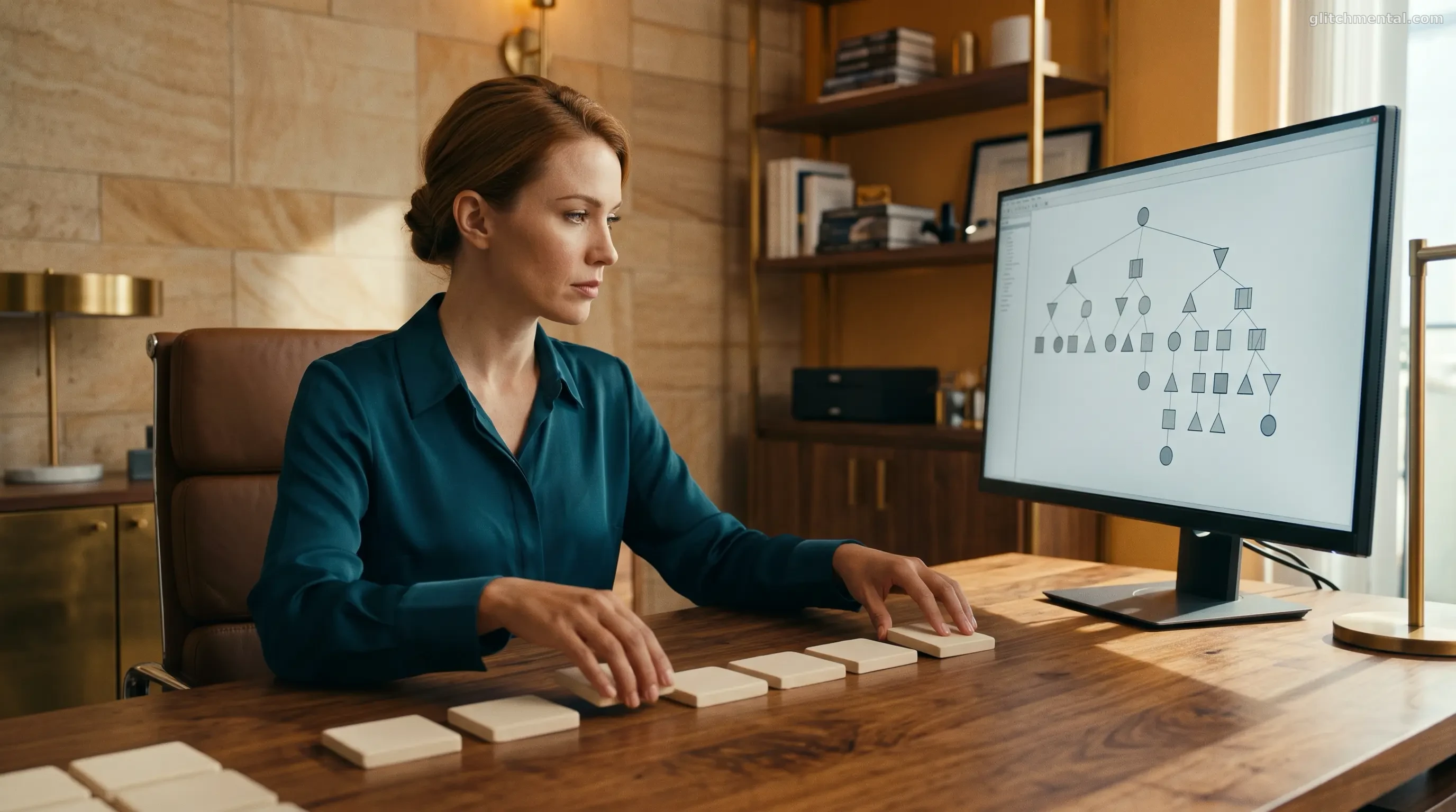 ¿Entiende la IA o solo manipula símbolos? Searle y Bender: Mujer ordenando fichas físicas frente a monitor con diagramas