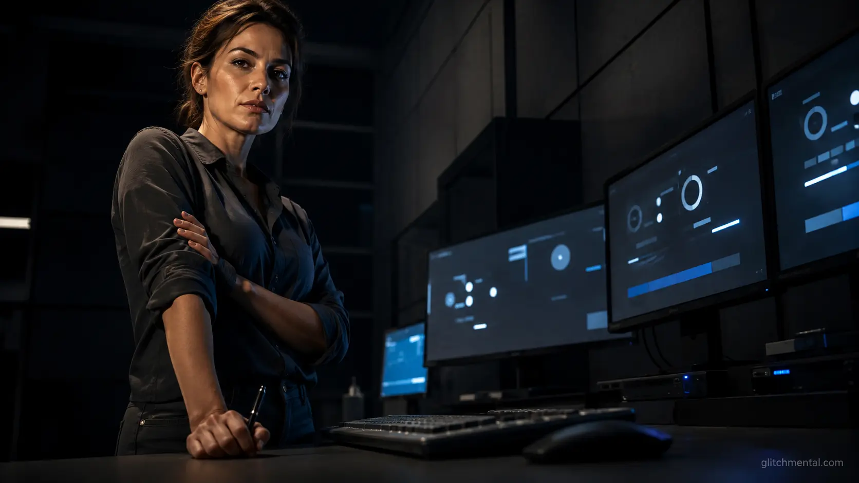 Futuro laboral: mujer supervisa de pie un sistema activo sin tocar el teclado en sala técnica