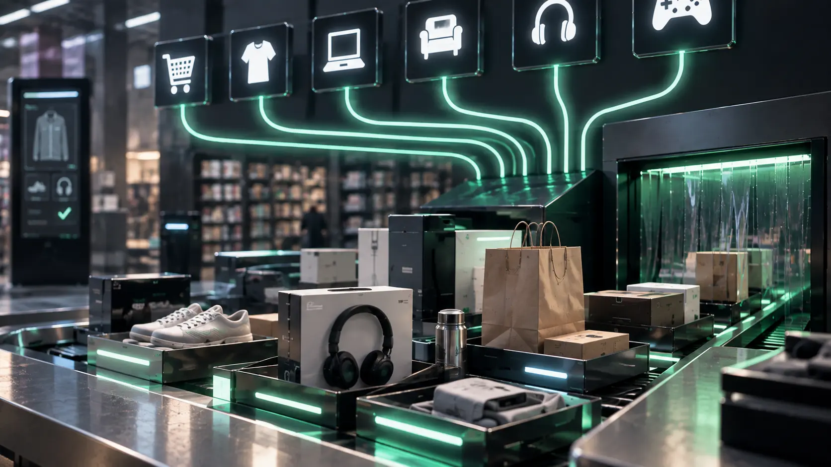 agente de IA de compras: sistema automatizado concentra productos y canales de venta en una línea de despacho.