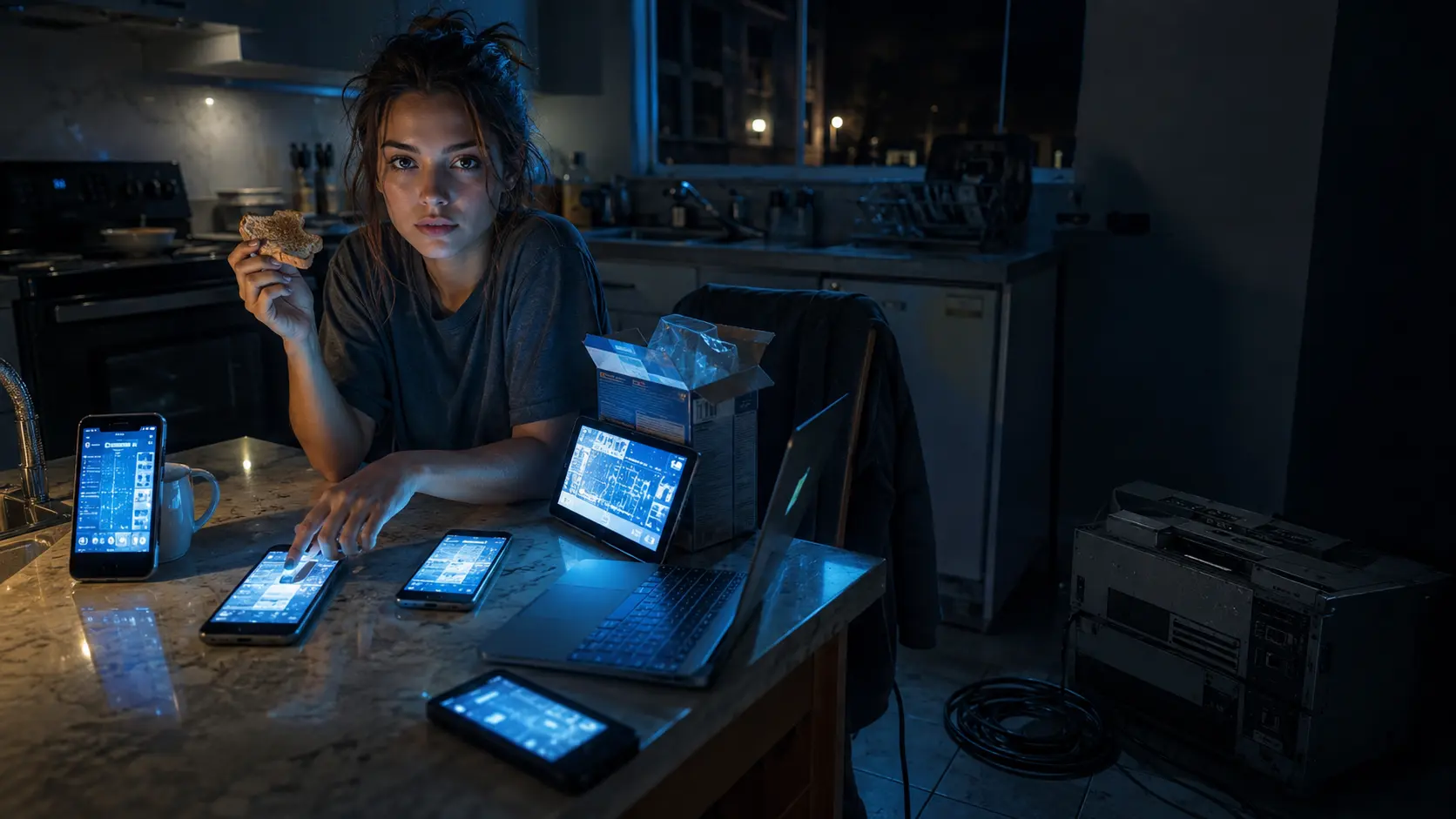 IA demasiado barata: mujer en cocina nocturna con varios teléfonos y tablets encendidos a la vez