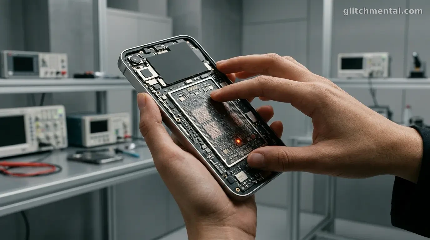 Tecnología de Consumo: Mano sosteniendo dispositivo con chip expuesto procesando IA sin conexión en laboratorio.