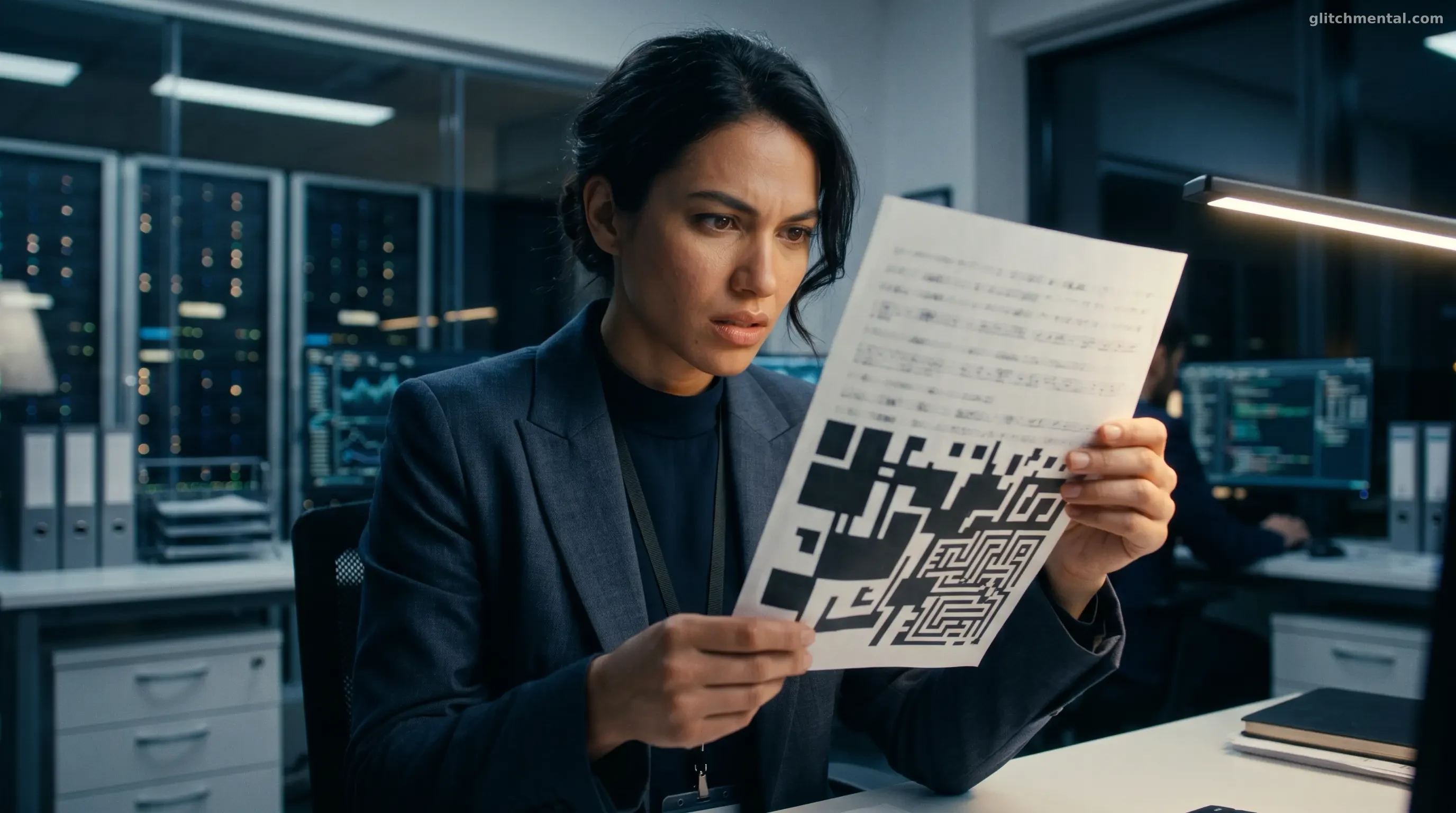 Mujer auditando documento impreso cubierto de bloques geométricos oscuros incomprensibles.