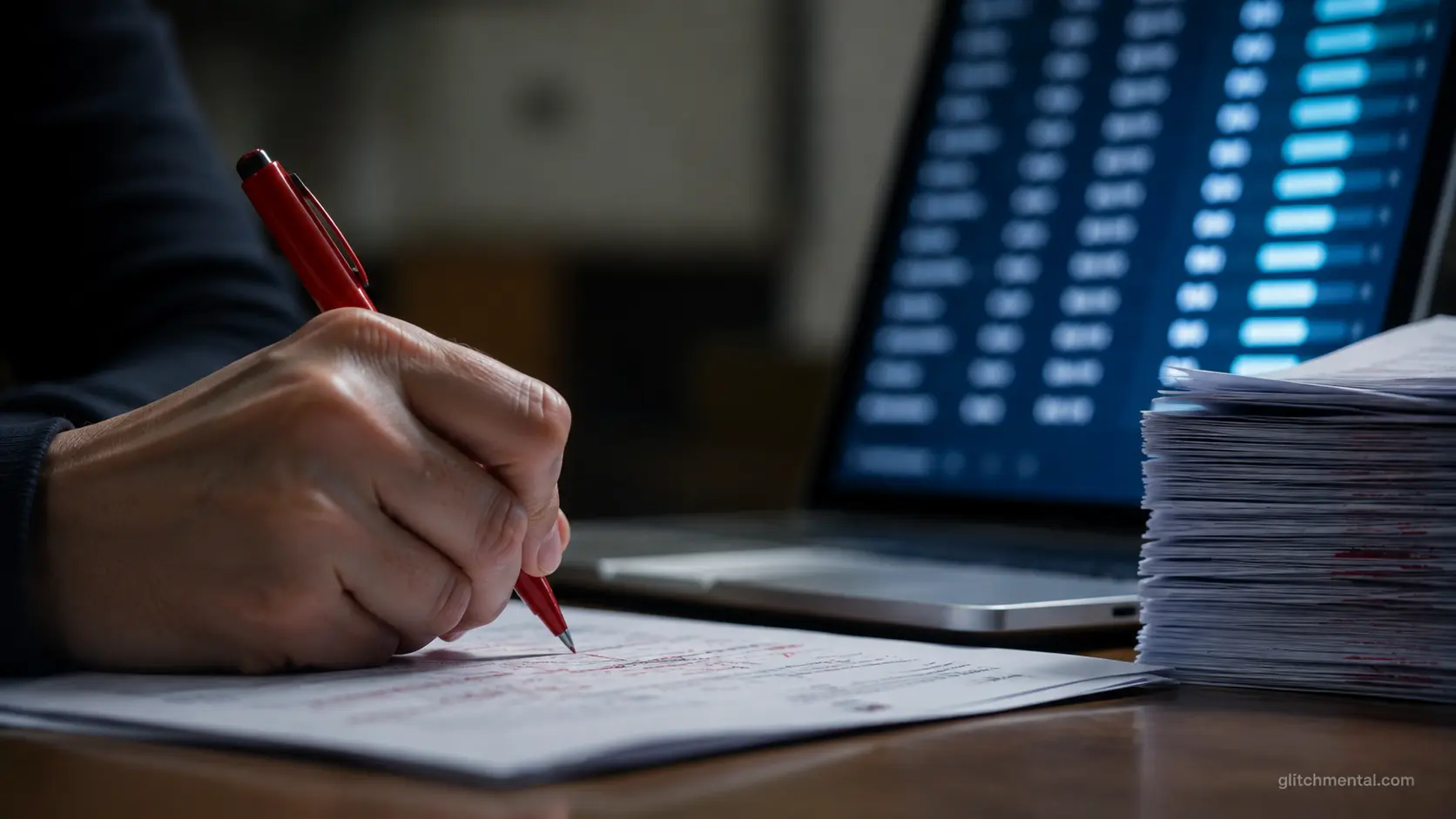 IA en educación: mano con pluma roja corrige a mano junto a laptop con calificación automática
