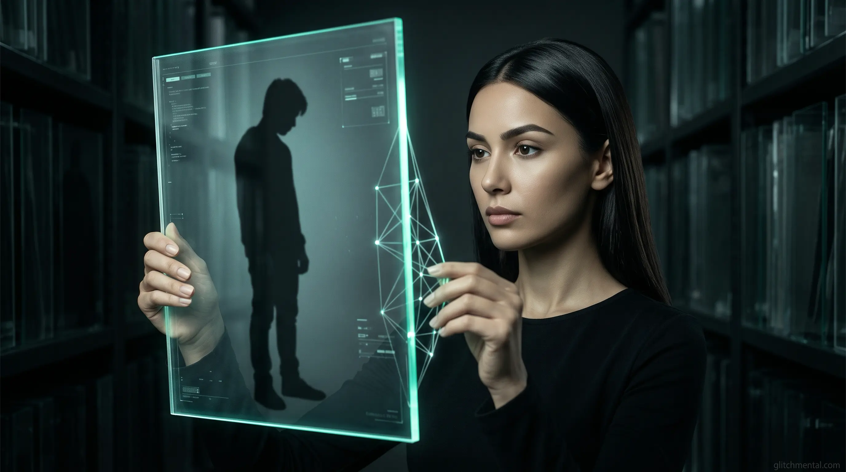 Salud mental y redes sociales: mujer analizando silueta de un adolescente proyectada en un panel de cristal iluminado
