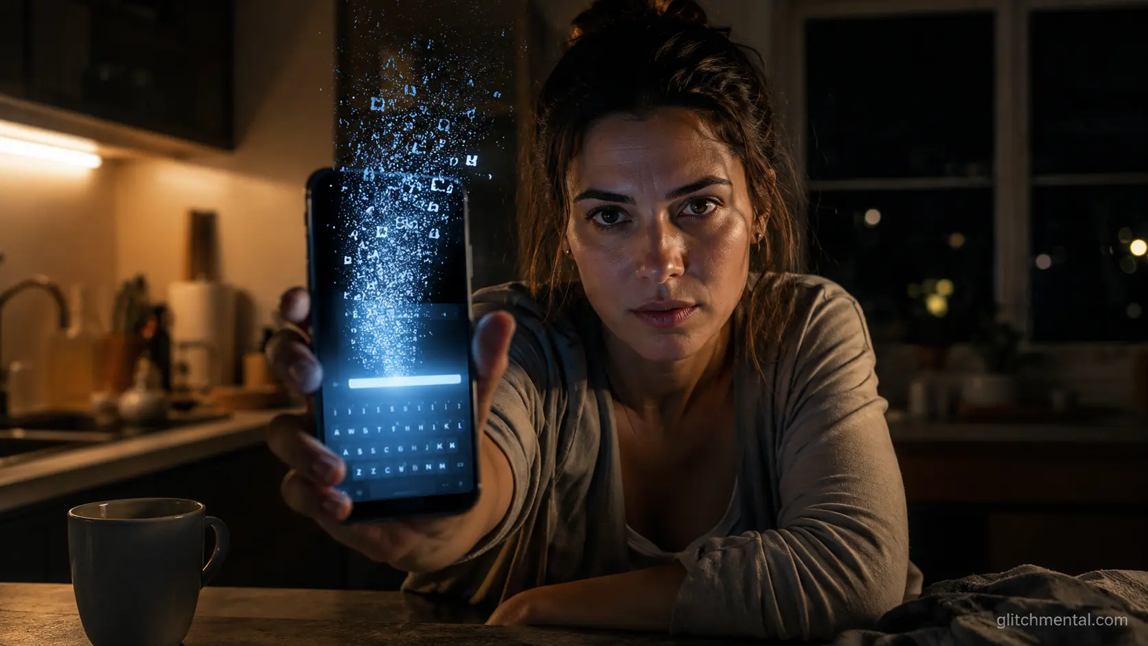 Privacidad IA: mujer en cocina de noche con texto de consulta disolviéndose en luz sobre la pantalla del teléfono