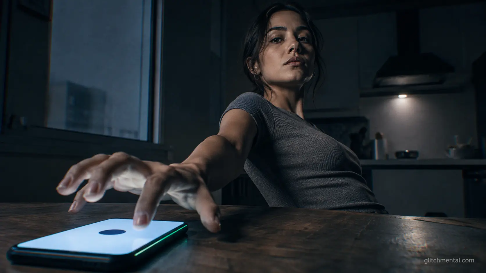 Tiempo en redes sociales: mujer mira a cámara mientras su mano regresa hacia el teléfono encendido