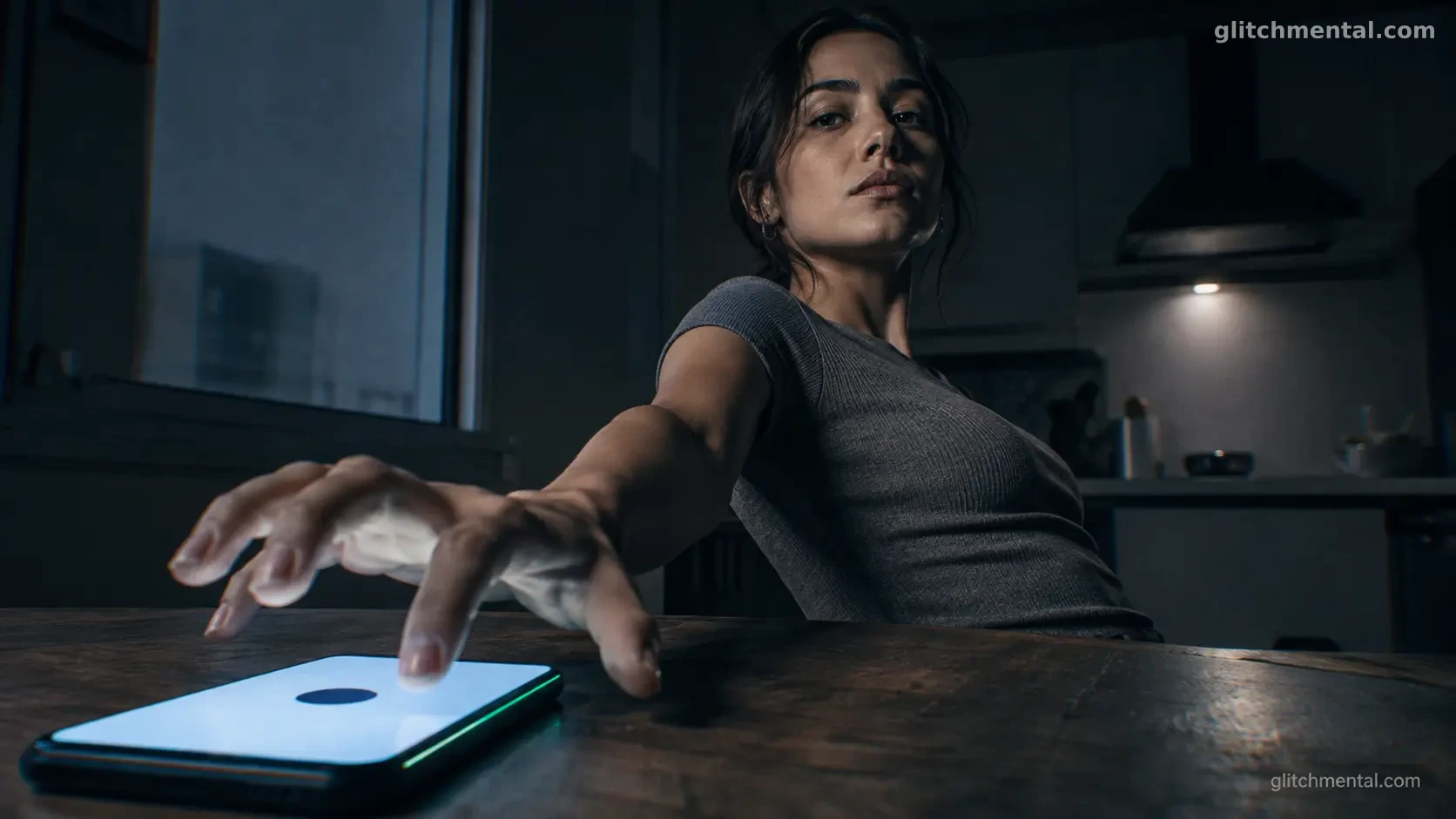 Tiempo en redes sociales: mujer mira a cámara mientras su mano regresa hacia el teléfono encendido