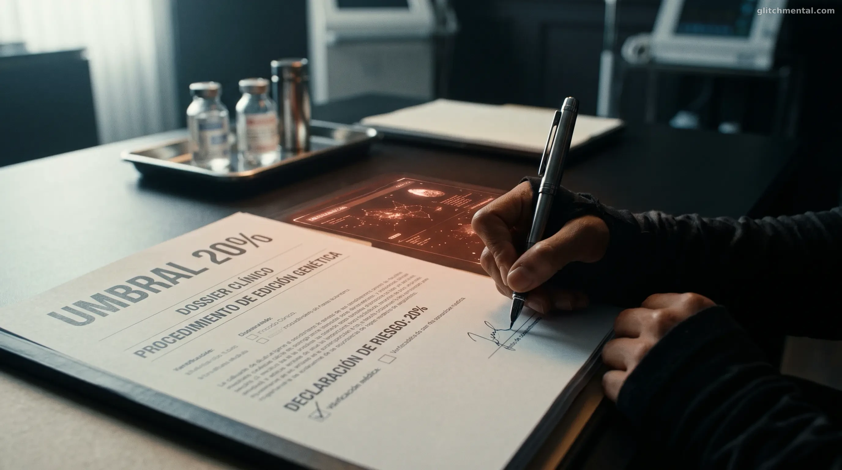 Mano firmando el dossier de edición genética ‘UMBRAL 20%’ sobre un escritorio clínico oscuro, con viales y pantallas de fondo.