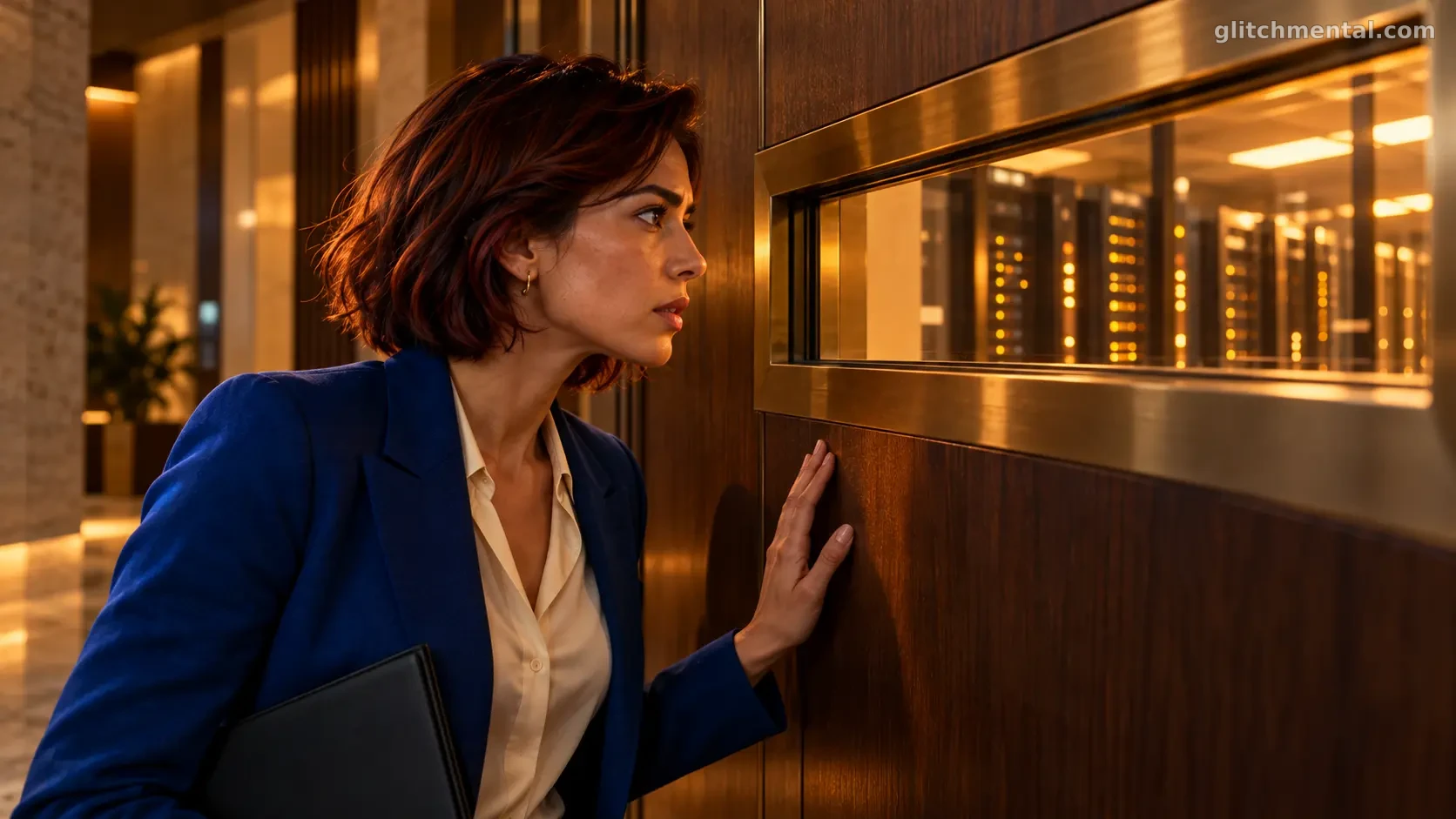 ¿Estamos cerca de la singularidad?: auditora con la mano sobre una puerta cerrada mira racks de servidores por una ranura