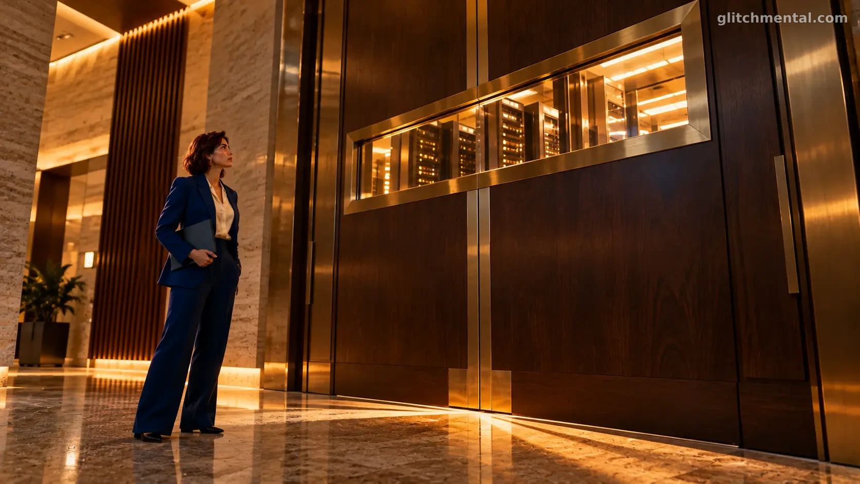 ¿Estamos cerca de la singularidad?: auditora frente a una puerta de nogal y latón cerrada con luz de servidores en el piso