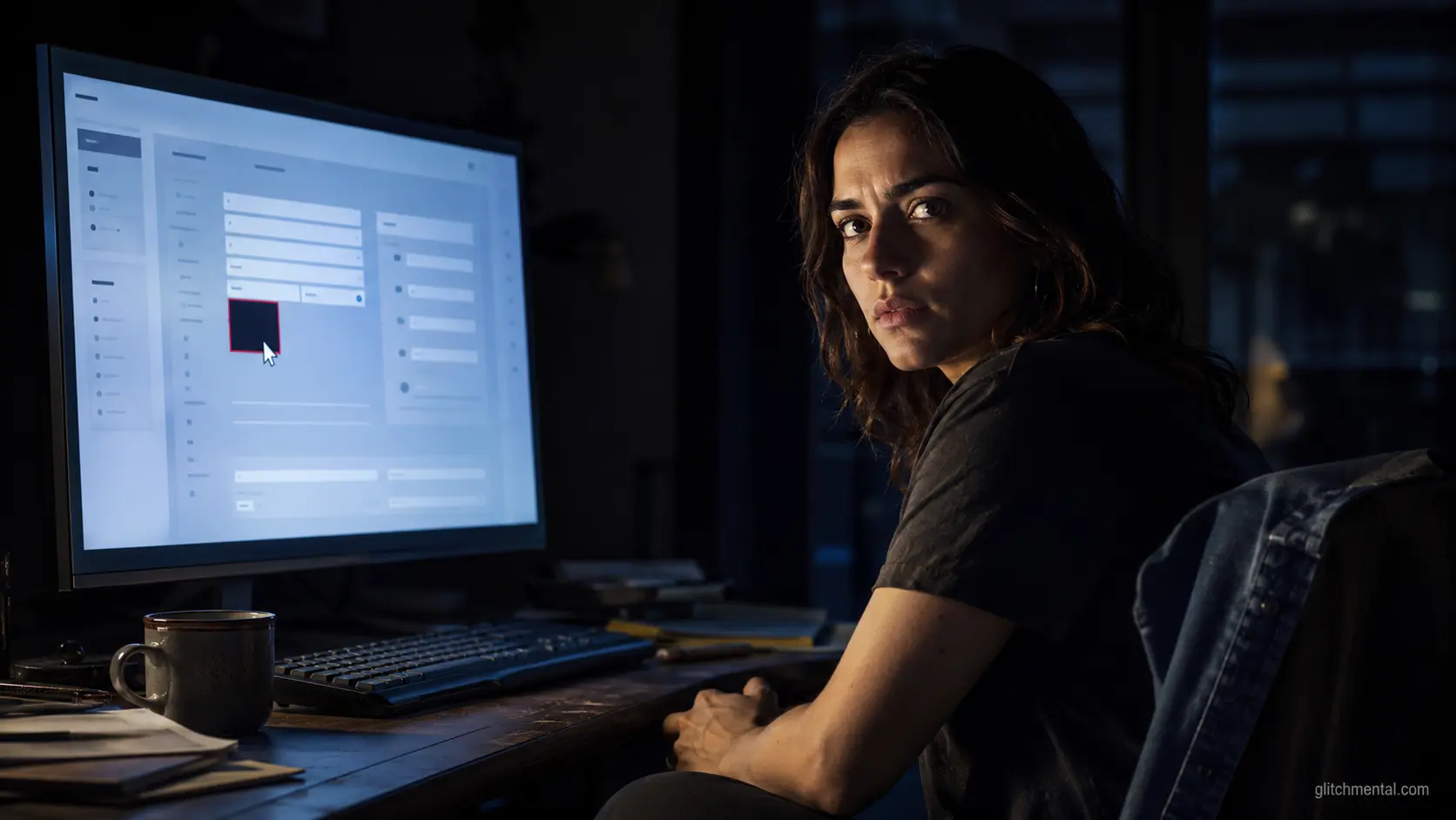 Uso de computadora con IA: mujer con las manos fuera del teclado vigilando una tarea que avanza sola en pantalla